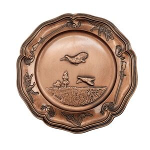 Albert Gilles Solid Copper Repousse‎ Partridges Hunting Motif  Wall Plaque
